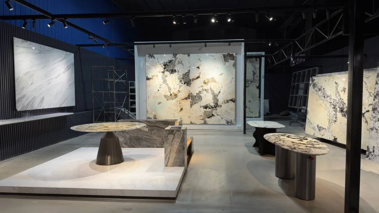 Finished stone tables in a display space